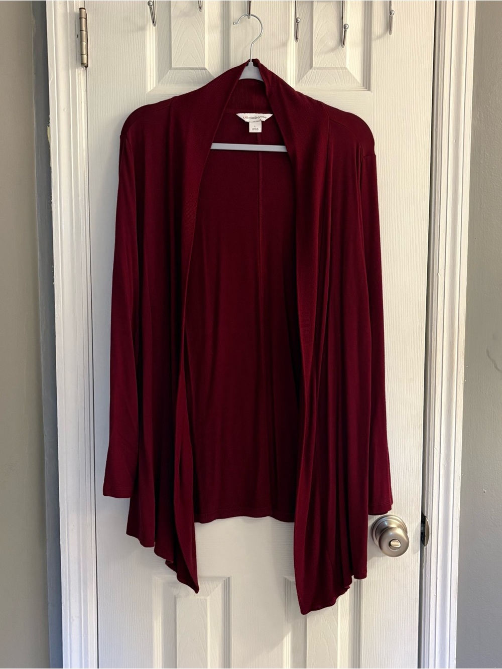 Liz Claiborne Maroon Cardigan Sweater Open Front Draped Women's Sz L Rayon Blend
